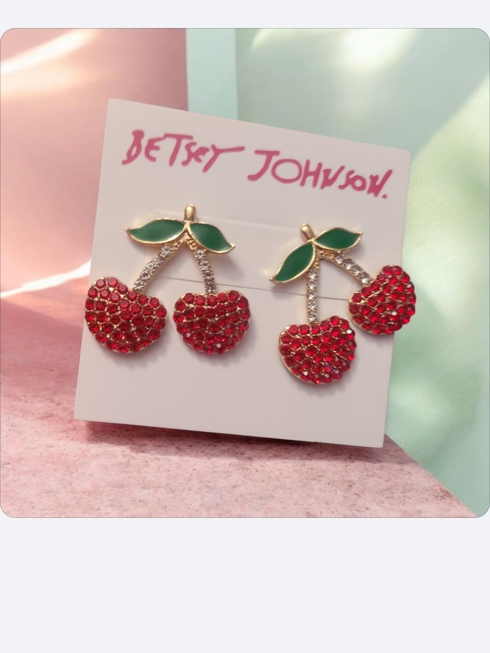 Betsey Johnson Red Crystal Cherry Dangle Earrings with Green Leaves